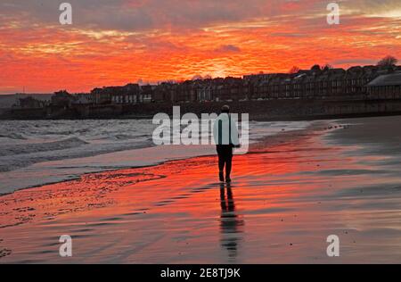 Portobello, Edimburgo, Scozia, Regno Unito. 1 febbraio 2021. Breve e sorprendente alba da accogliere a febbraio. Nella foto: Donna che cammina lungo la riva del Firth of Forth. Foto Stock