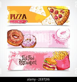 Striscioni orizzontali per fast food con pizza a ciambella disegnata a mano ed illustrazione vettoriale isolata di hamburger Illustrazione Vettoriale