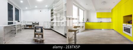 Nuova cucina prima e dopo il rinnovo - cucina bianca Foto Stock