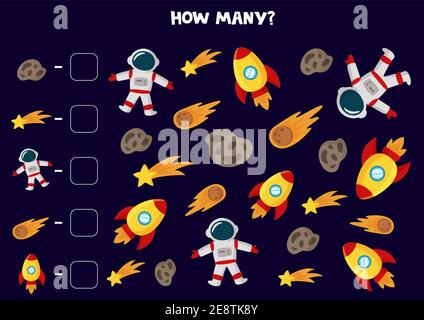 Contare tutti gli elementi di spazio e scrivere il numero corretto nella casella. Gioco spia per bambini. Illustrazione Vettoriale