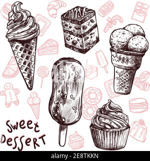 Gelato e dolci dolci abbozzo insieme illustrazione vettoriale isolata Illustrazione Vettoriale