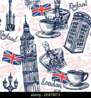 Londra motivo senza cuciture con cabina telefono schizzo Big ben Crown illustrazione vettoriale Illustrazione Vettoriale