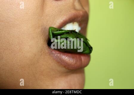 Masticare la noce di betal, Paan, India profumatore della bocca di erbe dopo aver mangiato il cibo Foto Stock