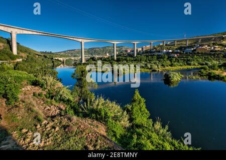 Ponte autostradale IP3 sul Rio Douro, in vale do Douro, Alto Douro, vicino peso da Regua, regione Norte, Portogallo Foto Stock