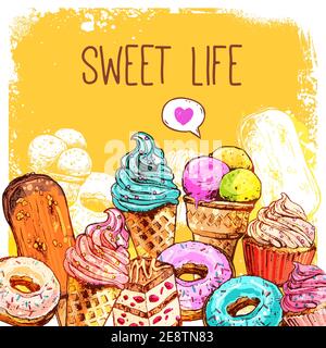 Poster dolce con ciambelle e cupcake di gelato illustrazione vettoriale Illustrazione Vettoriale