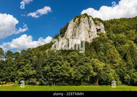 Picco di pietra calcarea di montagna Sokolica nella valle di Bedkowska all'interno del Giura Krakowsko-Czestochowska Upland vicino a Cracovia nella Polonia minore Foto Stock