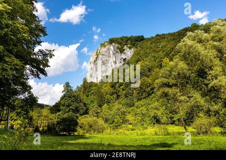 Picco di pietra calcarea di montagna Sokolica nella valle di Bedkowska all'interno del Giura Krakowsko-Czestochowska Upland vicino a Cracovia nella Polonia minore Foto Stock