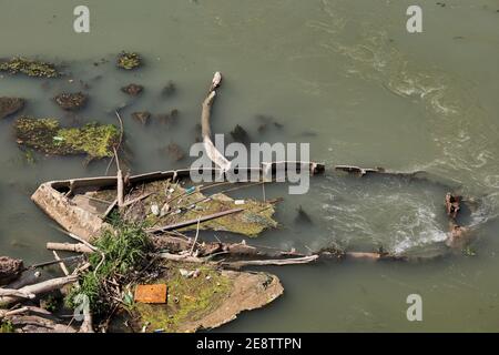 Naufragio nel fiume Tevere in Italia, sommerso e parzialmente coperto d'acqua Foto Stock