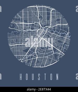 Poster della mappa di Houston. Mappa decorativa della città di Houston. Paesaggio urbano aria panorama silhouette vista aerea, stile tipografico. Terra, fiume, altipiano Illustrazione Vettoriale