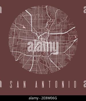 Poster della mappa di San Antonio. Mappa stradale di design decorativo della città di San Antonio. Paesaggio urbano aria panorama silhouette vista aerea, stile tipografico. Terra, Rive Illustrazione Vettoriale