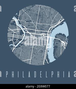 Poster della mappa di Philadelphia. Mappa stradale di design decorativo della città di Filadelfia. Paesaggio urbano aria panorama silhouette vista aerea, stile tipografico. Terra, ri Illustrazione Vettoriale