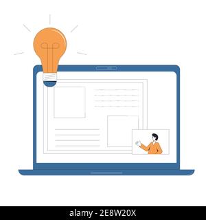 Concetto di webinar. Formazione online. Lezione digitale. Esperto che fornisce report sullo schermo del computer. L'insegnante mostra una presentazione. Video di formazione. Strumento femmina Illustrazione Vettoriale