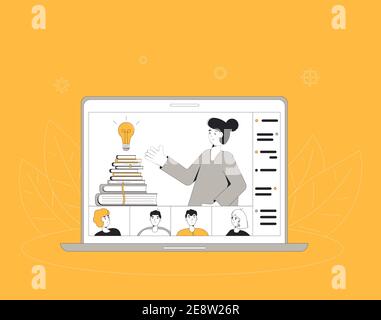 Concetto di webinar. Formazione online. Lezione digitale. Esperto che fornisce report sullo schermo del computer. L'insegnante mostra una presentazione e gli studenti la ascoltano. Video Illustrazione Vettoriale