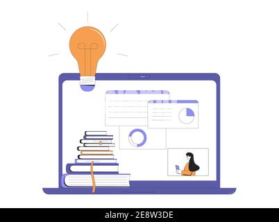 Concetto di webinar. Formazione online. Lezione digitale. Esperto che fornisce report sullo schermo del computer. L'insegnante mostra una presentazione. Video di formazione. Strumento femmina Illustrazione Vettoriale