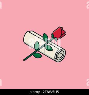 Lettera d'amore arrotolata e immagine vettoriale rosa rossa per Love Note Day il 25 settembre. Concetto romantico. Illustrazione Vettoriale