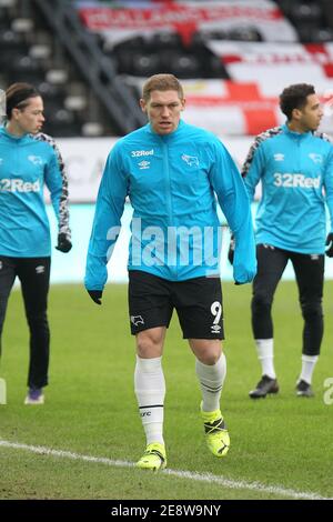 DERBY, INGHILTERRA. 30 GENNAIO Martyn Waghorn della contea di Derby si riscalda prima della partita del campionato Sky Bet tra Derby County e Bristol City al Pride Park, Derby sabato 30 gennaio 2021. (Credit: Simon Newbury | MI News ) Credit: MI News & Sport /Alamy Live News Foto Stock