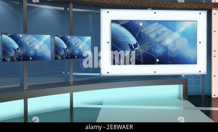 Virtual TV Studio News Set 27. Sfondo verde dello schermo. Rendering 3d. Virtual Set Studio per riprese cromatiche. Foto Stock