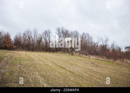 Paesaggio naturale, rovinato torre di caccia in legno nella foresta, tardo autunno nuvoloso giorno Foto Stock