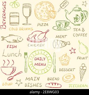 Ripetizione senza giunture con elementi di menu disegnati a mano Illustrazione Vettoriale