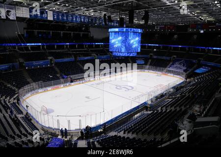 Mosca, Russia. 29 gennaio 2021. Stagione regolare di hockey su ghiaccio KHL: Dinamo Moscow Vs HC Sochi - Mosca VTB Arena - terzo periodo. Vista del inet Foto Stock