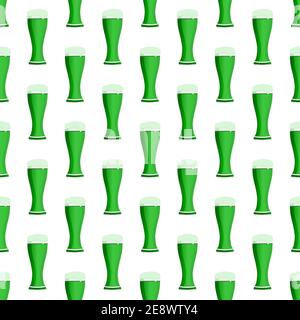 Illustrazione festa irlandese giorno di San Patrizio, birra a colori senza cuciture in tazza. Il giorno di San Patrizio si compone di molte tazze di birra identiche su sfondo bianco Illustrazione Vettoriale