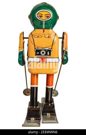 Retro Tin wind up robot sciatore isolato su un bianco sfondo Foto Stock