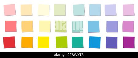 Note appiccicose, taccuini quadrati colorati a gradiente arcobaleno, colori e saturazioni differenti - illustrazione su sfondo bianco. Foto Stock