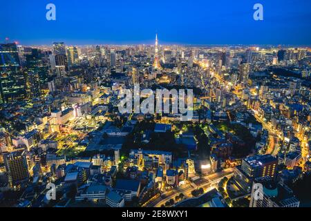 Vista notturna della città di Tokyo con la torre di tokyo in Giappone Foto Stock