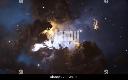 Nebulosa enorme e luminosa con stelle giovani. Sfondo dello spazio, illustrazione 3d Foto Stock