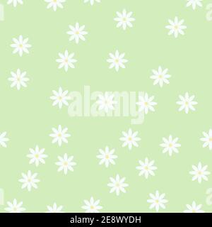 Motivo floreale senza cuciture, semplice ornamento di fiori bianchi margherita in ordine casuale sullo sfondo verde chiaro, ripetizione illustrazione vettoriale per il tessuto, carta regalo Illustrazione Vettoriale