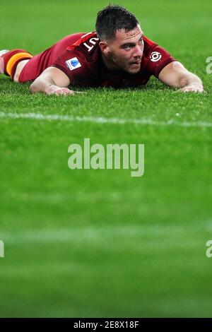 Jordan Veretout di Roma reagisce durante il campionato italiano Serie Una partita di calcio tra ROMA e Hellas Verona ON / LM Foto Stock