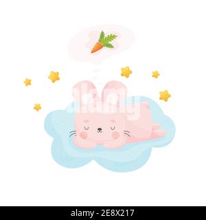 Carino cartone animato coniglio di Pasqua dormire sulla nuvola soffice e sogna di una carota. Illustrazione vettoriale. Illustrazione Vettoriale