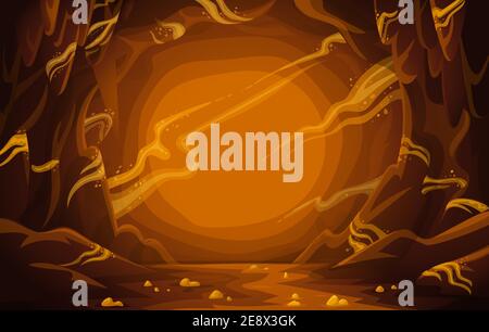 Grotta del Tesoro. Oro. Grotta d'oro. Sfondo scena di montagna cartoon. Illustrazione Vettoriale