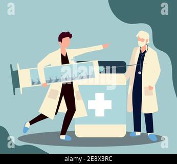 vaccino covid 19 medici professionisti con flaconcino e siringa vettore illustrazione Illustrazione Vettoriale