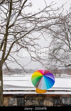 Un uomo che porta un ombrello colorato visita Constitution Gardens durante una giornata innevata a Washington, D.C. Foto Stock