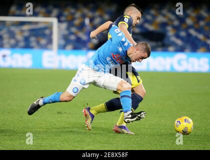 Napoli, Campania, Italia. 31 gennaio 2021. Diego Demme di Napoli in una partita contro Andrea conti di Parma.durante la Serie Italiana UNA partita di calcio SSC Napoli vs FC Parma il 31 gennaio 2021 allo stadio Diego Armano Maradona di Napoli. Credit: Fabio Sasso/ZUMA Wire/Alamy Live News Foto Stock