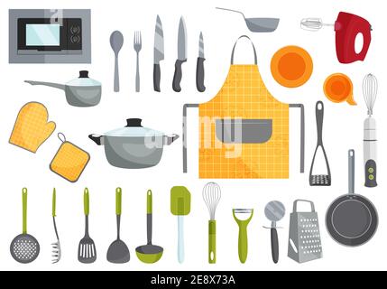 Utensili da cucina isolati su sfondo bianco. Illustrazione vettoriale. Illustrazione Vettoriale