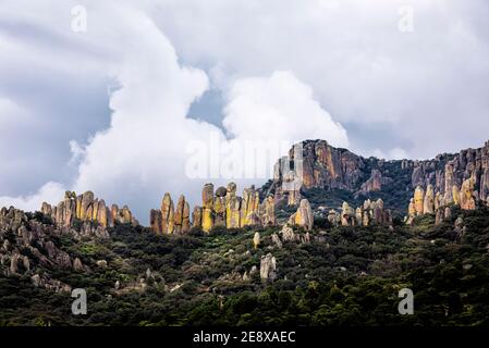 Formazioni rocciose a forma di dita nel Parco Nazionale della Sierra de Cardos, Zacatecas, Messico. Foto Stock