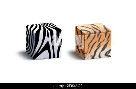 Set di mockup a cubo di superficie con zebra vuota e tigre, rendering 3d. Anima naturale vuota, materiale mock up tappeto, isolato. Forma cuboide trasparente con lana fl Foto Stock