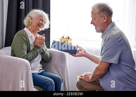 marito anziano che fa sorpresa che dà la scatola del regalo a moglie graziosa piacevole, donna anziana felice ottiene il presente inatteso dal coniuge che spende il fine settimana romantico o c Foto Stock