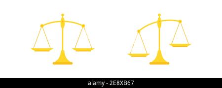 Icona di bilanciamento Golden Mechanical Scale isolata su bianco. Giustizia, scala giuridica. Illustrazione vettoriale. Equilibrio di valore, soluzione e razionalità. Pro An Illustrazione Vettoriale