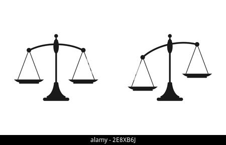 Icona di bilanciamento delle scale meccaniche nere isolata su bianco. Giustizia, scala giuridica. Illustrazione vettoriale. Equilibrio di valore, soluzione e razionalità. Pro e. Illustrazione Vettoriale