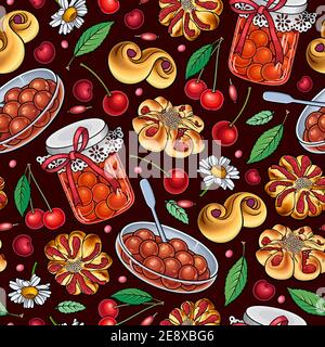 Dolci e dolci divertenti, panini e frutti di bosco senza cuciture. Illustrazione Vettoriale