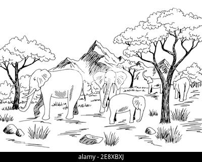 Elephant in savana grafico bianco nero disegno grafico paesaggio vettore illustrazione Illustrazione Vettoriale