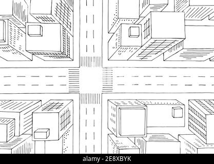 Vista dall'alto della città dall'alto dell'incrocio aereo della strada grafica nera vettore di illustrazione dello schizzo bianco Illustrazione Vettoriale
