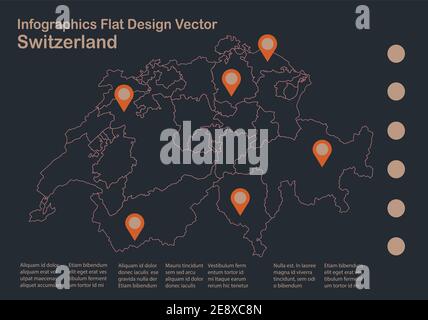 Infografica Mappa Svizzera contorno, disegno piano, colore blu arancione vettore Illustrazione Vettoriale