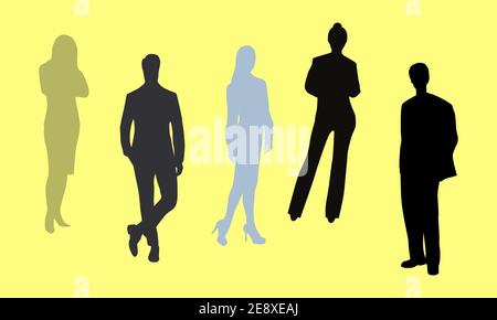 Set di silhouette di uomini d'affari. Illustrazione vettoriale. Profilo della folla. Gruppo di persone sagome ombra Illustrazione Vettoriale