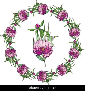 Modello scheda. Rose rosa pallido e peonie con foglie grigie su sfondo rosa a strisce. Illustrazione vettoriale. Illustrazione Vettoriale