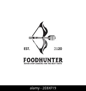 Logo del cacciatore di cibo con archer e vettore forchetta modello Illustrazione Vettoriale