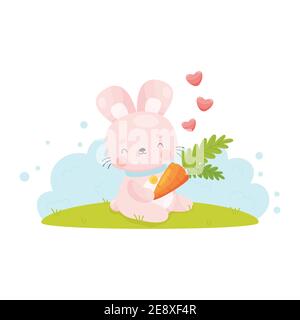 Carino cartone animato coniglio di Pasqua ama la sua carota. Illustrazione vettoriale. Illustrazione Vettoriale
